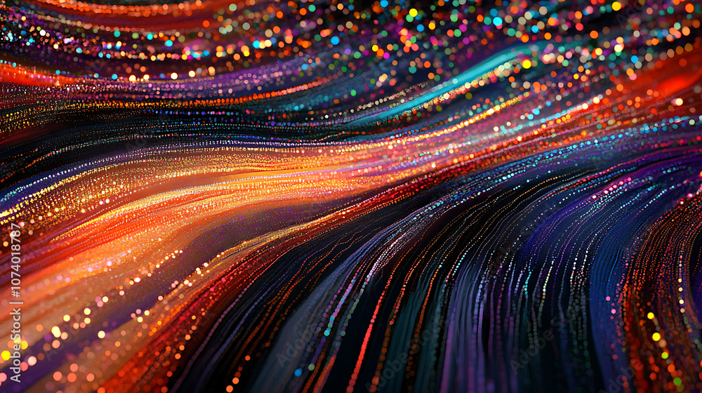Poster Big data visualization, very aesthetic flowing lines of colorful dots and stripes forming an abstract representation of digital information flow on a dark background