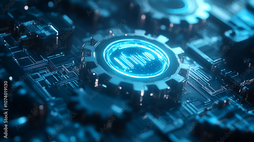 Aufkleber abstract blue digital technology background with gears and cogs, dark blue banner for web design
