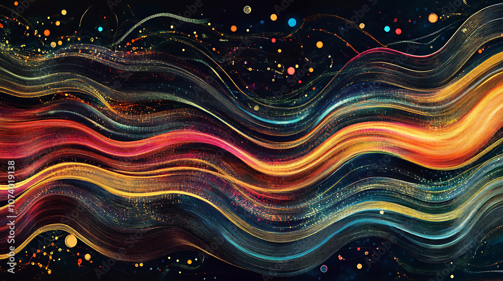 Poster Big data visualization, very aesthetic flowing lines of colorful dots and stripes forming an abstract representation of digital information flow on a dark background