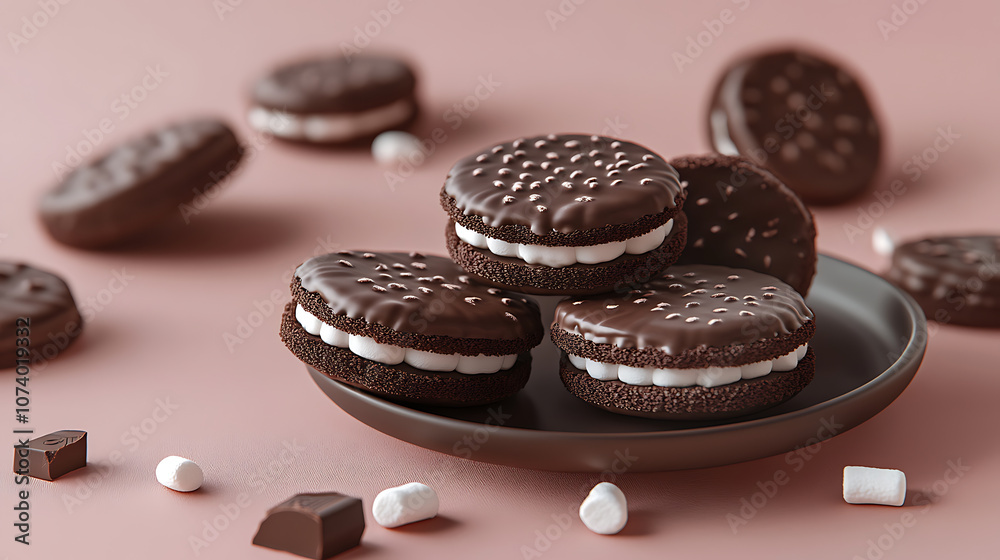 Poster Choco pie chocolate biscuits with marshmallow on an isolated background, depicted in a 3D rendering