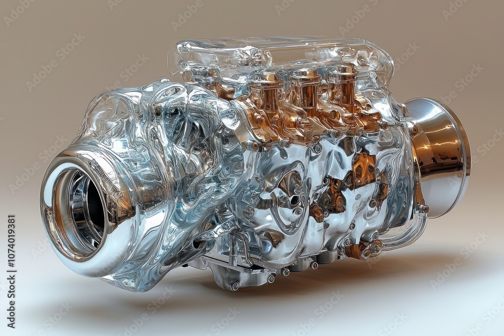 Poster chrome and glass automotive engine with visible internal components