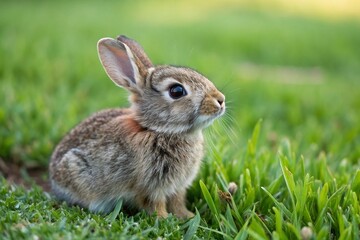 Fototapeta premium Adorable Little Funny Rabbit Sitting on the Lush Green Lawn, Captured in Macro Photography with Detailed Features and Playful Expression, Perfect for Nature Lovers and Animal Enthusiasts