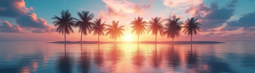 Explore the serene beauty of a tropical sunset over calm waters surrounded by palm trees