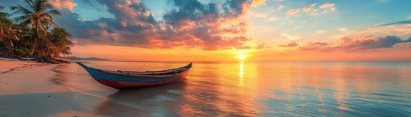 Discover breathtaking serenity as the sun sets over tranquil waters with a vibrant boat in the foreground