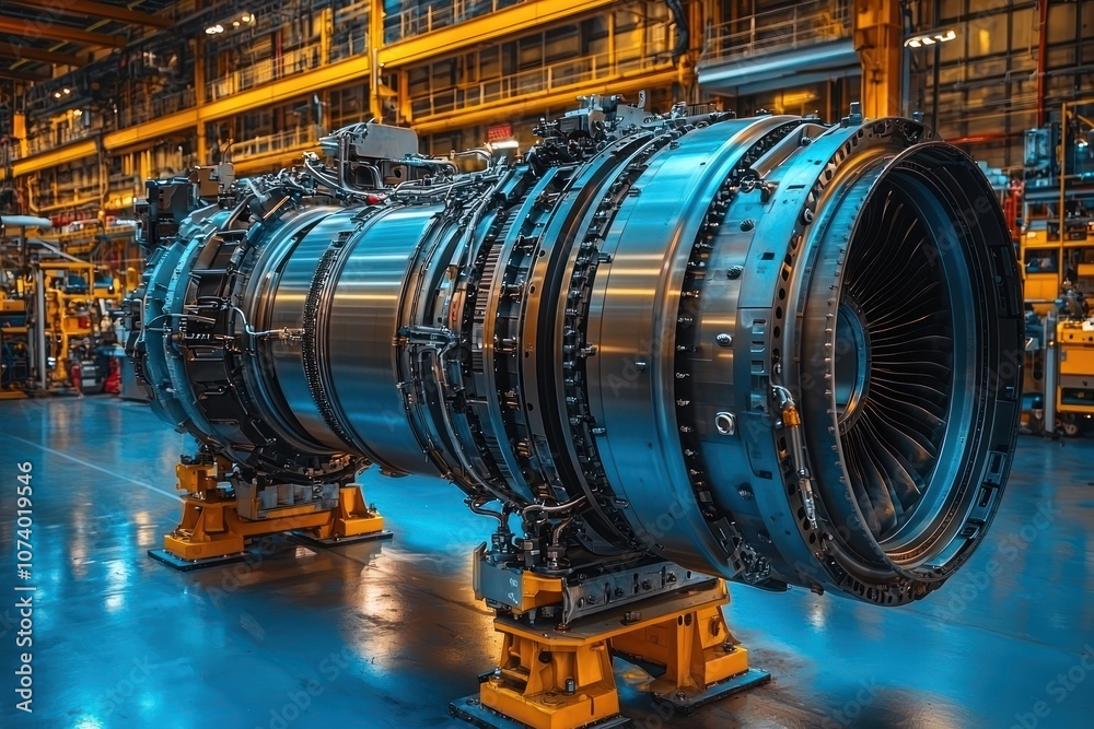 Poster close-up of a large jet engine in an industrial setting