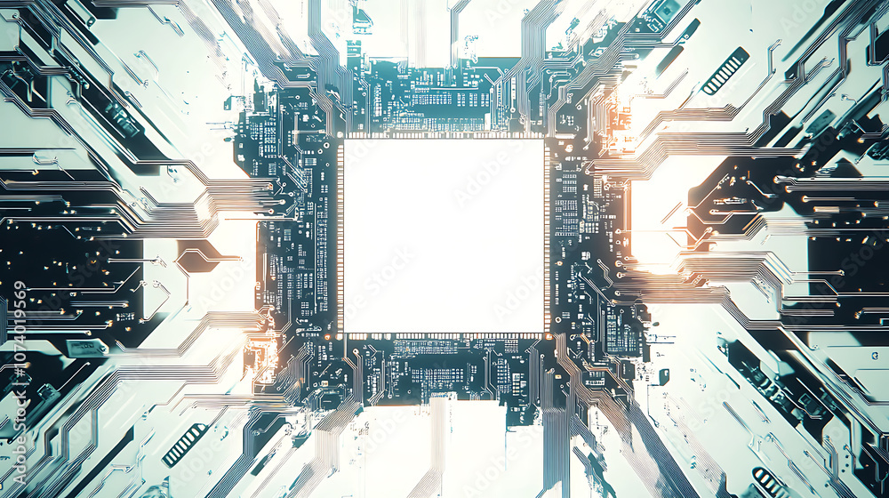 Poster Circuit board pattern with white empty space in the center White background Digital art style with circuit lines and chips on a clean white backdrop