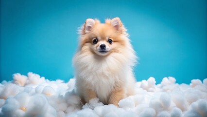 Adorable Pomeranian Puppy Surrounded by Soft Cotton on a Bright Blue Background – Perfect for Dog Lovers and Pet Enthusiasts