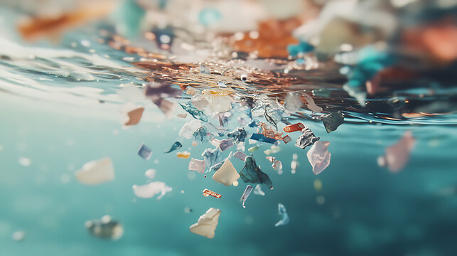Close-up of microplastics floating in clear water, highlighting the environmental impact of plastic pollution in oceans and drinking water sources