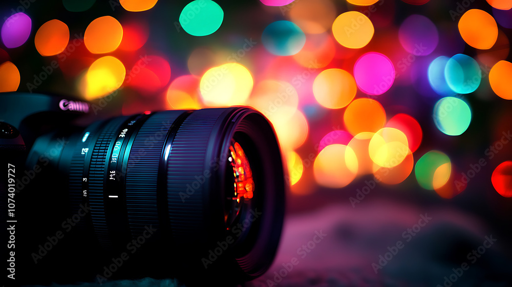 Poster closeup of camera lens with colorful bokeh lights in the background, symbolizing video production an