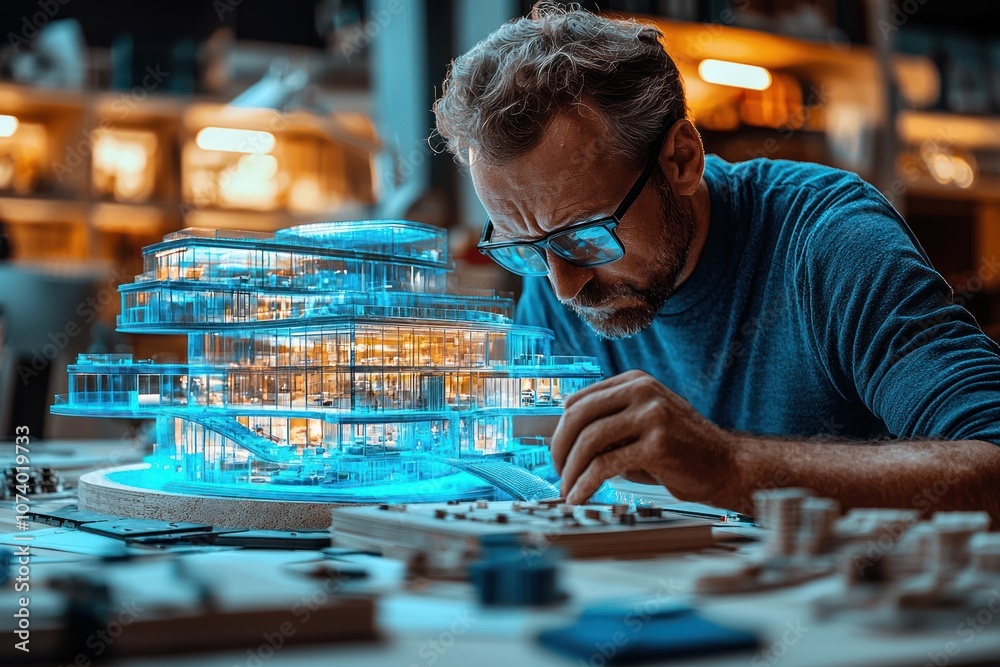 Poster architect examining a glowing blue model of a modern building