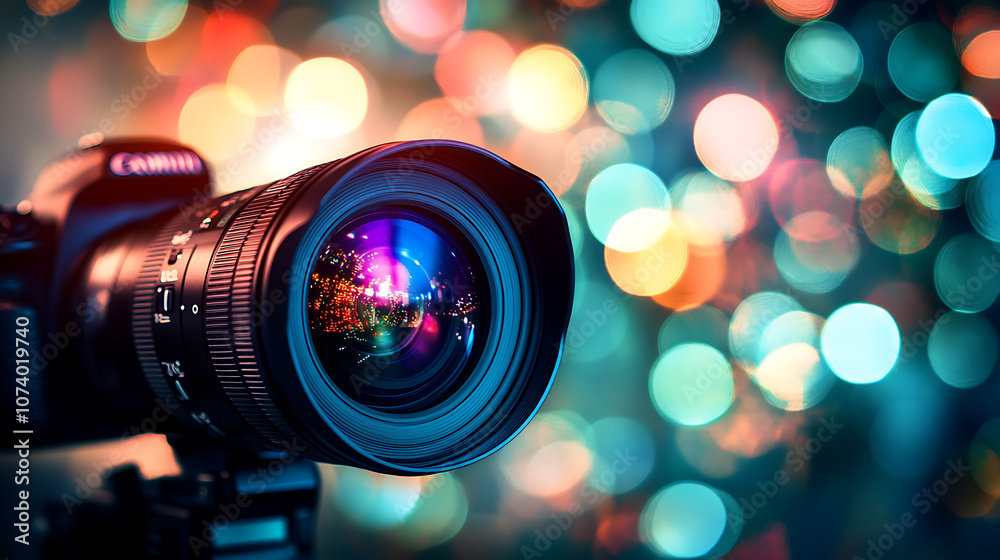 Poster closeup of camera lens with colorful bokeh lights in the background, symbolizing video production an