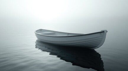 Naklejka premium A small white rowboat sits alone on a calm body of water, shrouded in a thick fog.