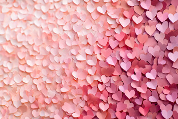 Fototapeta premium A collection of soft pink and peach paper hearts creating a textured, romantic background on St. Valentine Day with copy space for love-themed messages.
