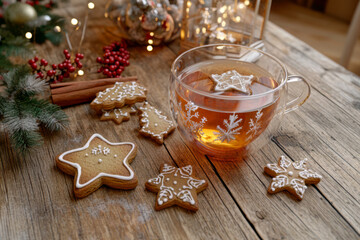 Fototapeta premium A cozy Christmas tea setup featuring a warm cup of tea surrounded by holiday gingerbread cookies in festive shapes, such as stars and trees.