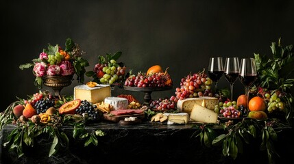 Fototapeta premium Elegant Cheese and Wine Display with Fresh Fruit