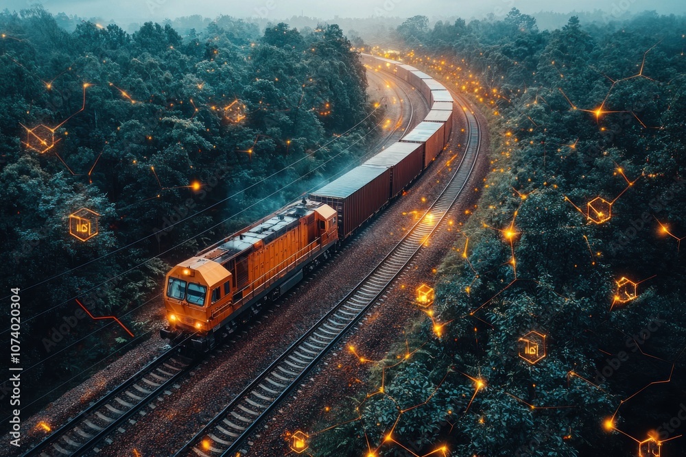 Poster freight train traveling through a forest with a digital network overlay