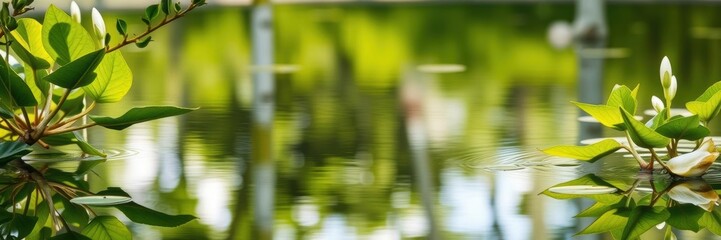 Fresh birch leaves floating on calm water surface, environment, peaceful