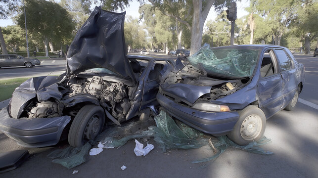 Auto Accident Involving Two Cars in the same color blue on a City Street - total damage on the tree in sunny day