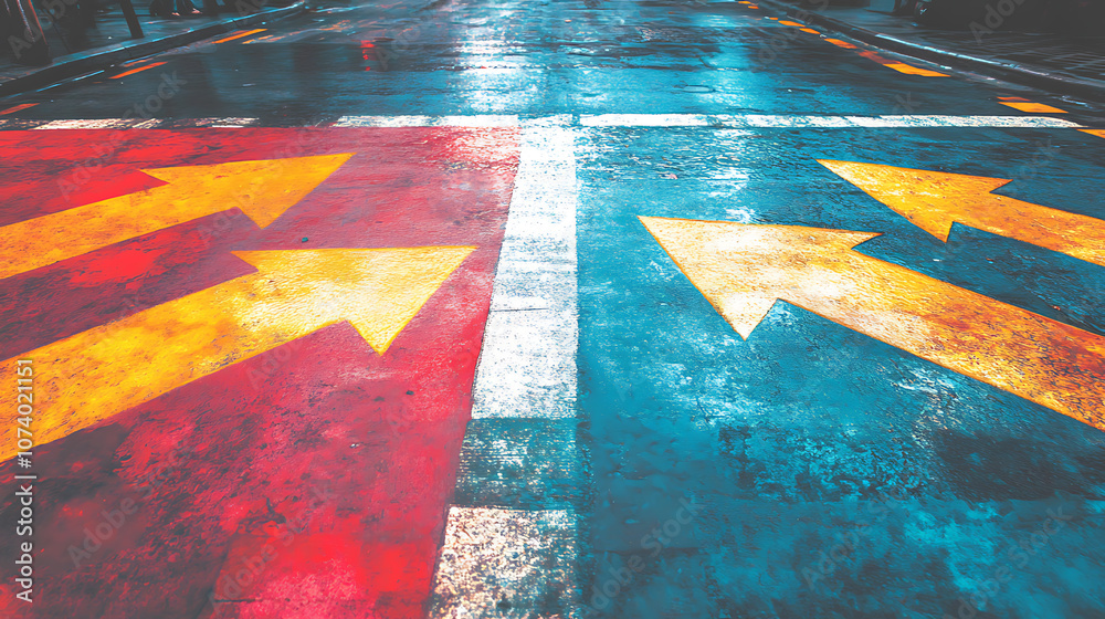 Poster decision making concept illustrated with arrows overlaid on a bustling city intersection crossroads,