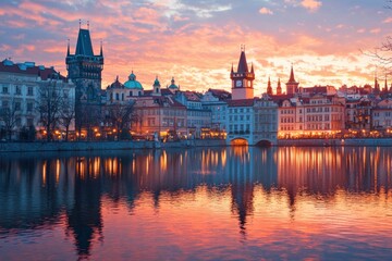 Fototapeta premium Prague Cityscape with Sunset Reflected in the Vltava River