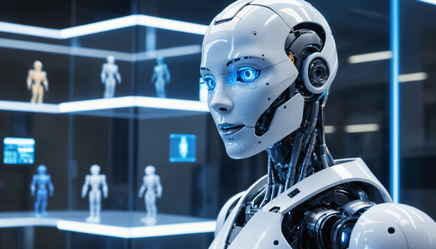 Robot humanoide en primer plano en una oficina futurista