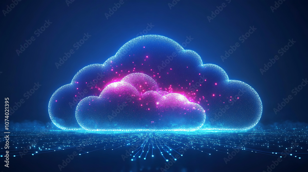 Leinwandbilder digital technology illustration of cloud computing with glowing digital clouds and data flow lines o