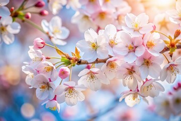 Fototapeta premium Aerial Close-Up of Cherry Blossoms in White and Pink, Showcasing the Delicate Petals and Vibrant Colors of Springtime Blooms in a Stunning Natural Landscape