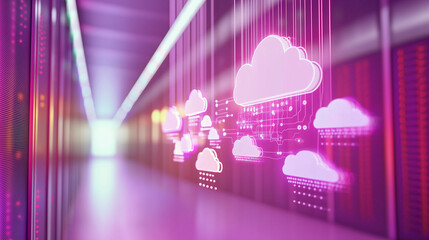 Visualization of cloud computing icons streaming from a server room, representing data storage, connectivity, and digital transformation in modern technology. Ideal for content on