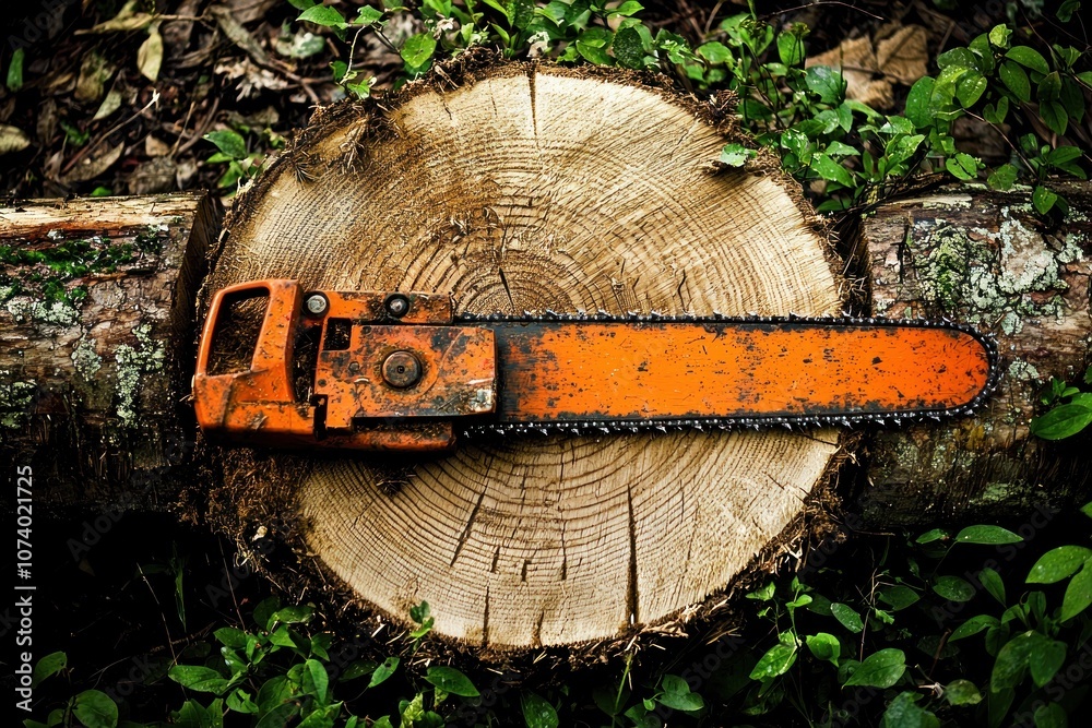 Poster rusty chainsaw on a freshly cut tree stump in a forest