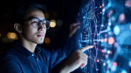 Business professional analyzing a futuristic digital network displayed on a transparent screen, symbolizing big data, analytics, and artificial intelligence. Ideal for content on d