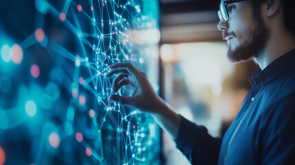 Business professional analyzing a futuristic digital network displayed on a transparent screen, symbolizing big data, analytics, and artificial intelligence. Ideal for content on d
