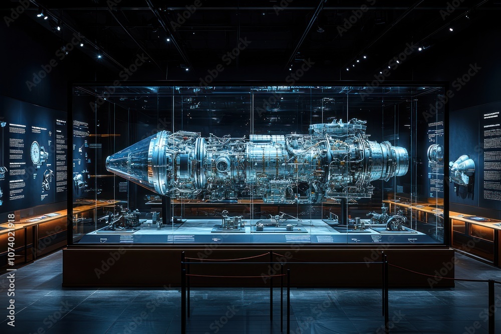 Poster a large jet engine displayed in a museum case
