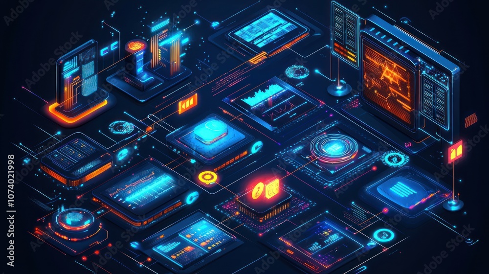 Poster interconnected digital devices with neon glowing lines