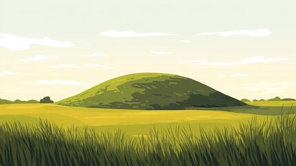 Open Neolithic Long Barrow Grave Mound Prehistoric Burial Site In Rural Landscape With Windswept Grass And Picturesque Sky