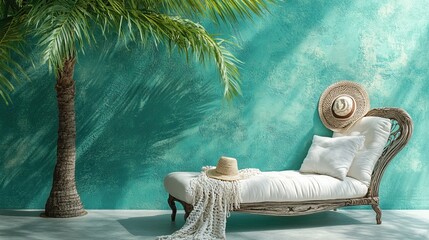 Obraz premium Tropical lounge with palm tree and wicker chaise for relaxation - ideal for travel agency advertisements