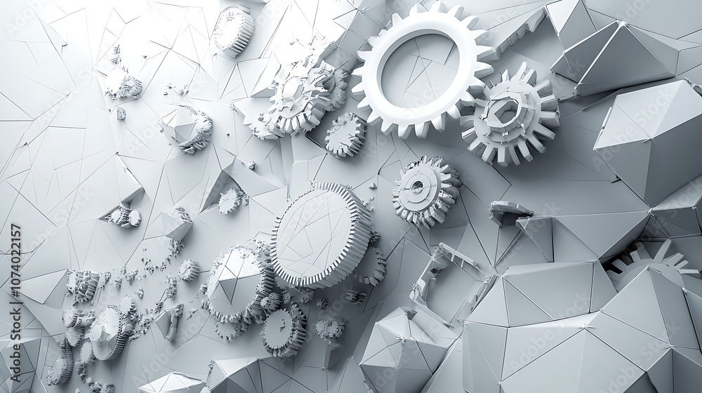 Poster gears and polygonal mesh background with digital technology elements or business, science or tech co