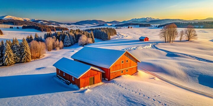 Aerial Panoramic View of an Orange Barn Surrounded by White Snow in the Winter Landscape of Weitnau, Allg&auml;u, Bavaria, Germany on a Clear Day