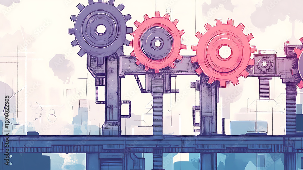 Poster Hand-drawn illustration of a machine with gears, symbolizing the concept of functions in programming, Ideal for educational content on coding and software development