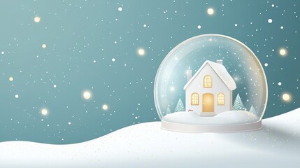 Naklejka premium Delicate White Glass Snow Globe Featuring A Tiny House On A Glittering Snow Background With Magical Golden Holiday Lights
