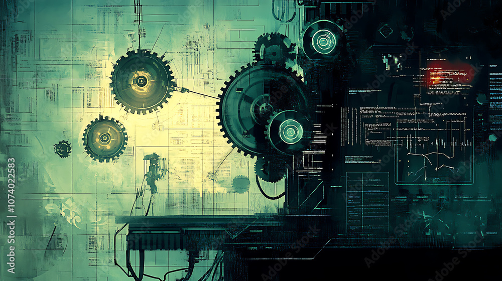 Poster illustration depicting the concept of functions in programming, featuring a machine with cogs and wh