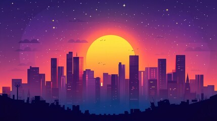 Sunset Or Sunrise Over City Skyline With Skyscrapers Glowing Aubergine And Purple Sky Blood Orange And Peach Hues With Stars