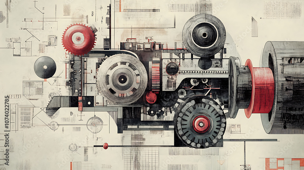 Aufkleber Illustration depicting the concept of functions in programming, featuring a machine with cogs and wheels, stylized as a doodle drawing, representing the mechanics of code execution