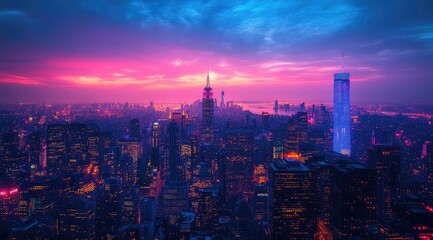 Obraz premium A stunning aerial view of a city skyline with vibrant pink and blue hues at sunset.