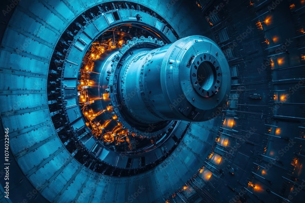 Aufkleber Close-up of a large industrial machine with a cylindrical component and glowing elements