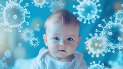Immunization awareness theme featuring a baby surrounded by floating virus icons