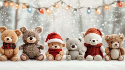 Fototapeta premium Adorable teddy bears in festive attire sit in a snowy winter wonderland, AI