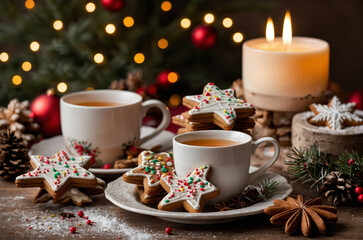 A cozy Christmas tea setup featuring a warm cup of tea surrounded by holiday gingerbread cookies in...