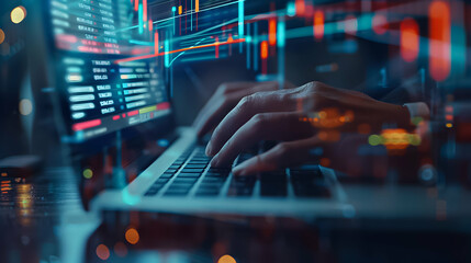 Person typing on a laptop with stock data and graphs overlayed, symbolizing digital trading and analysis.