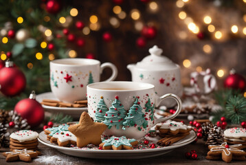 Fototapeta premium A cozy Christmas tea setup featuring a warm cup of tea surrounded by holiday gingerbread cookies in festive shapes, such as stars and trees.