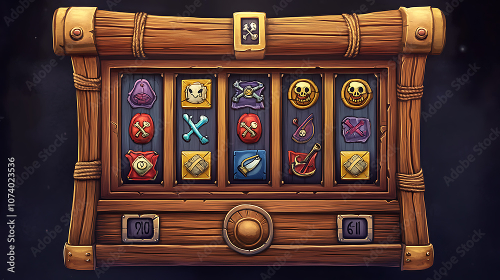 Poster A pirate game interface with a timber frame and buttons for gaming apps or casino slot games, featuring wooden UI adventure elements in an old-pirate-collection style